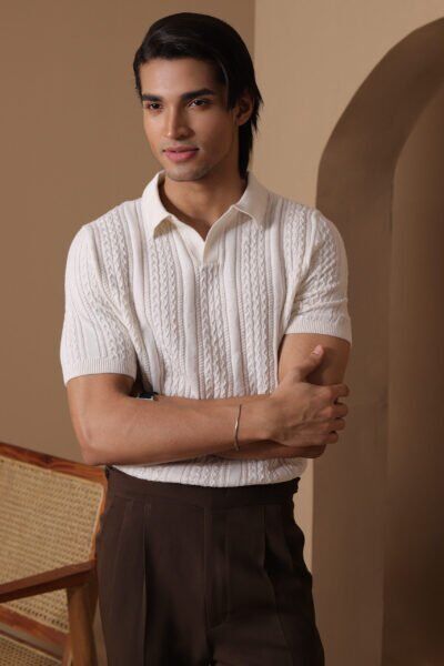 Cream White - Cable Knit Polo