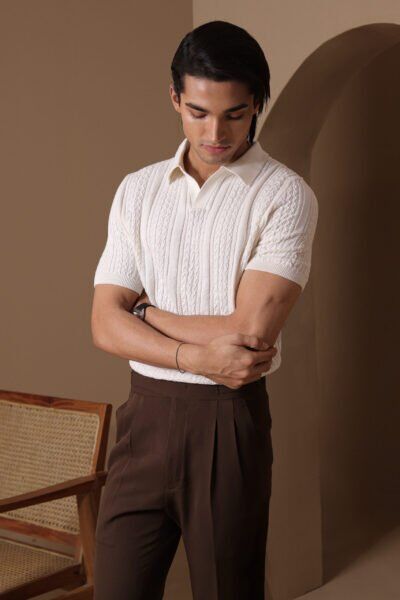 Cream White - Cable Knit Polo