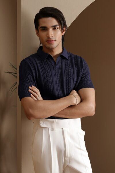 Navy Cable-Knit Polo