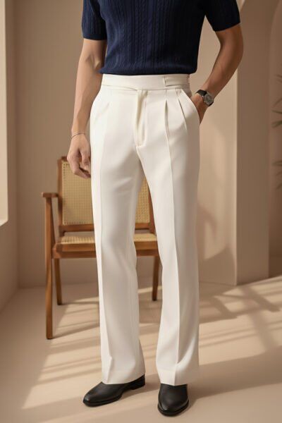 Cream white Flared pants -Cutting Belt